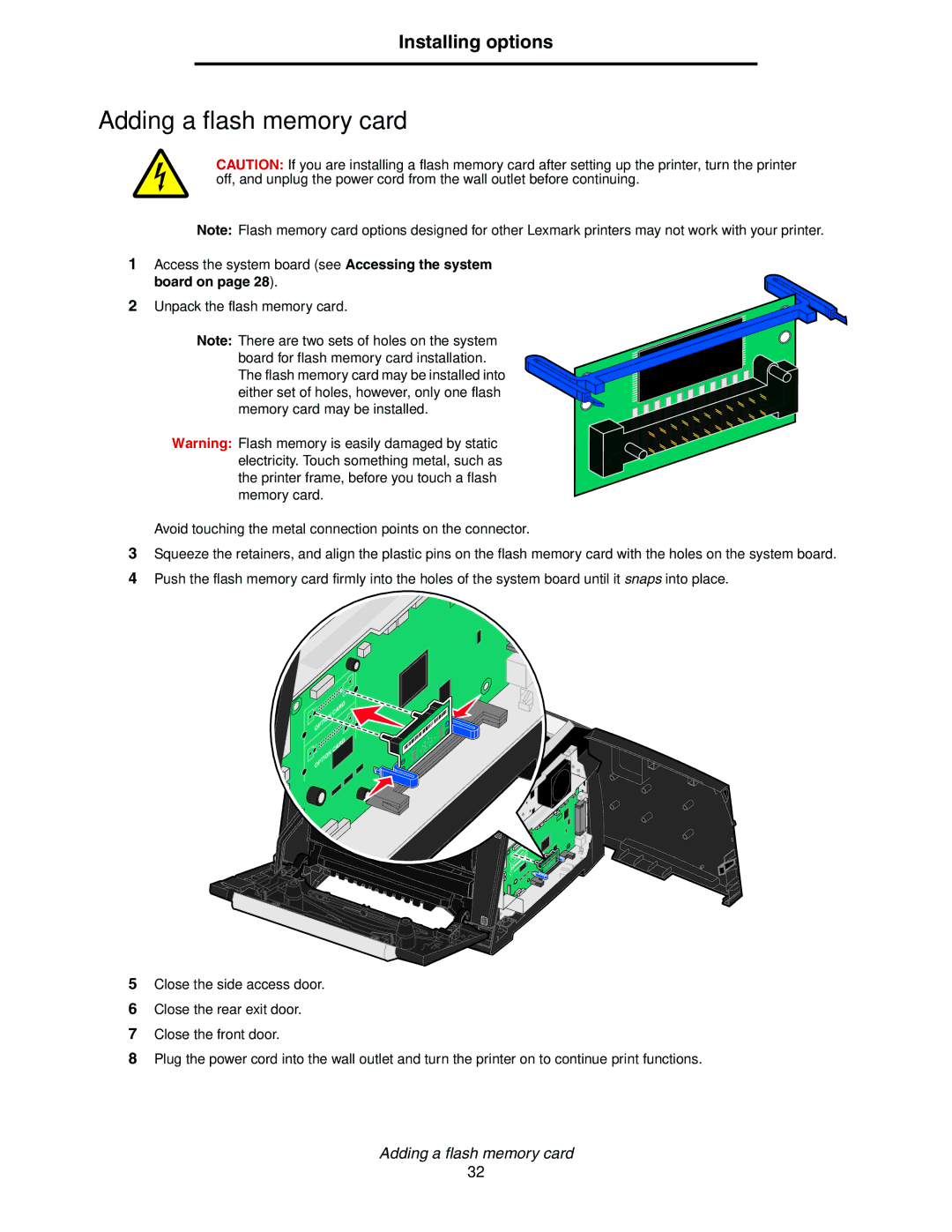 Lexmark E352DN manual Adding a flash memory card, Board on 