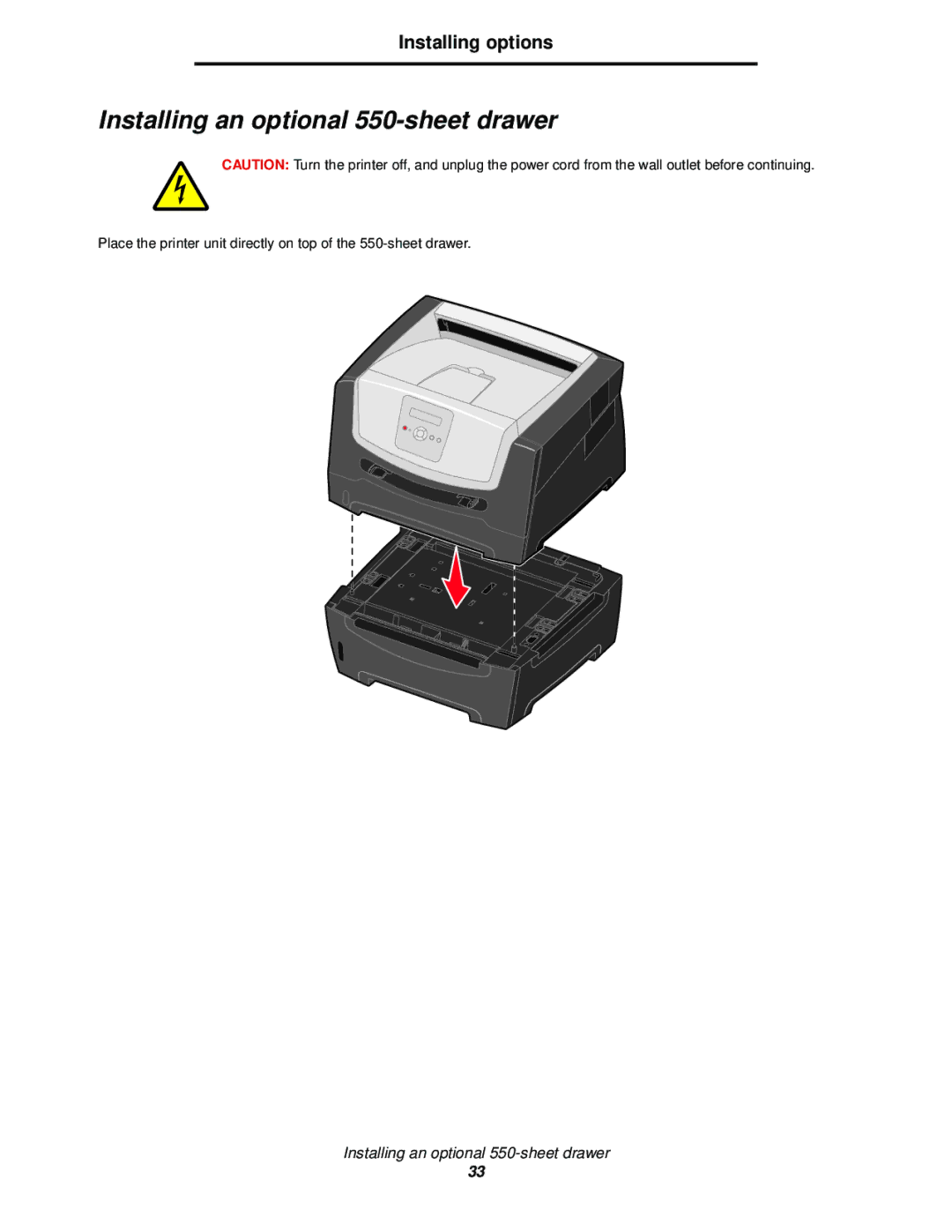 Lexmark E352DN manual Installing an optional 550-sheet drawer 