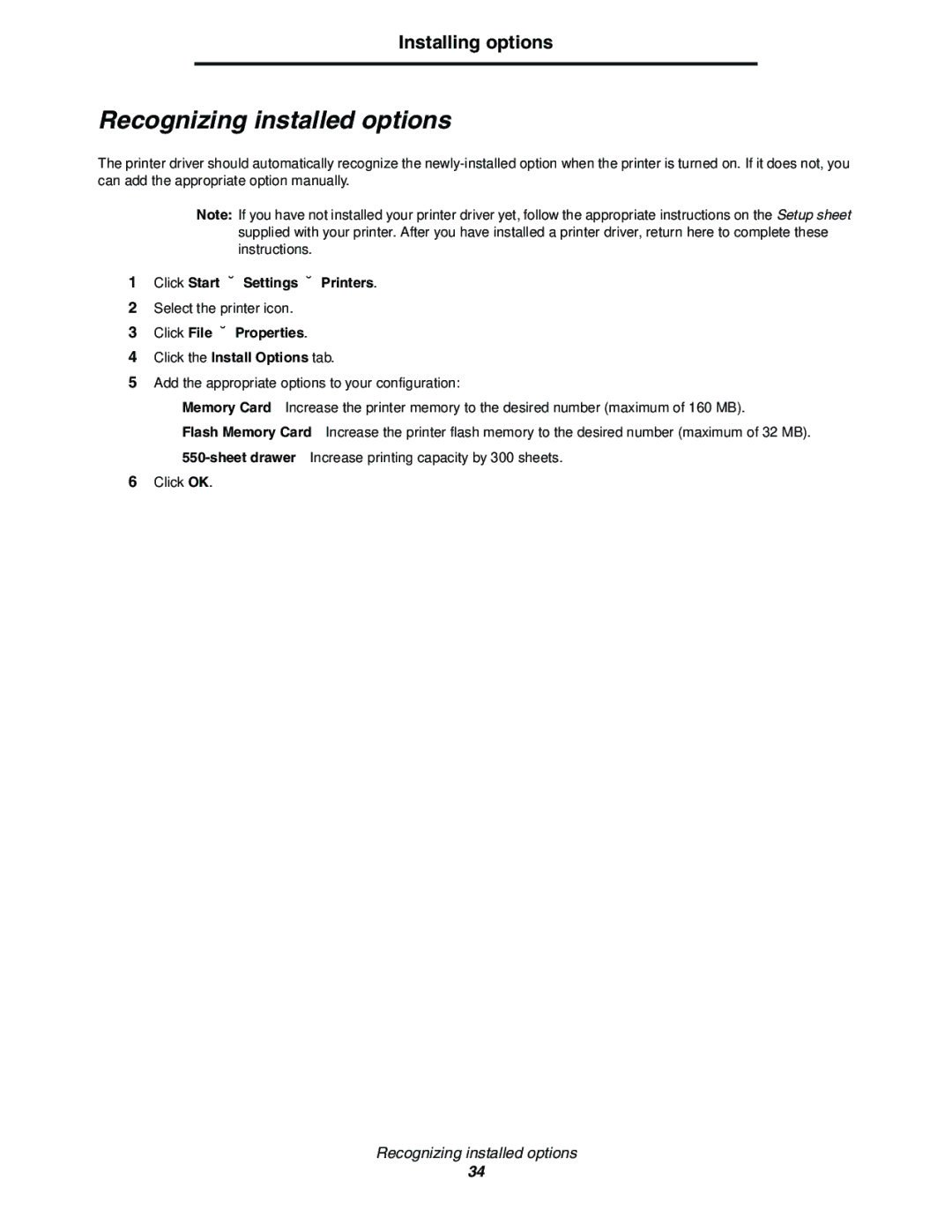 Lexmark E352DN manual Recognizing installed options, Click Start Æ Settings Æ Printers 