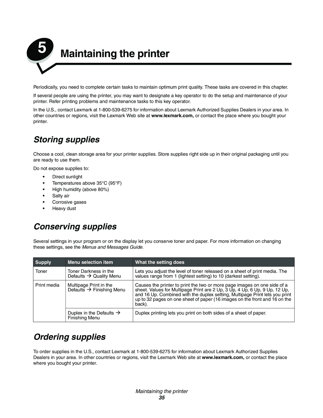 Lexmark E352DN manual Maintaining the printer, Storing supplies, Conserving supplies, Ordering supplies 