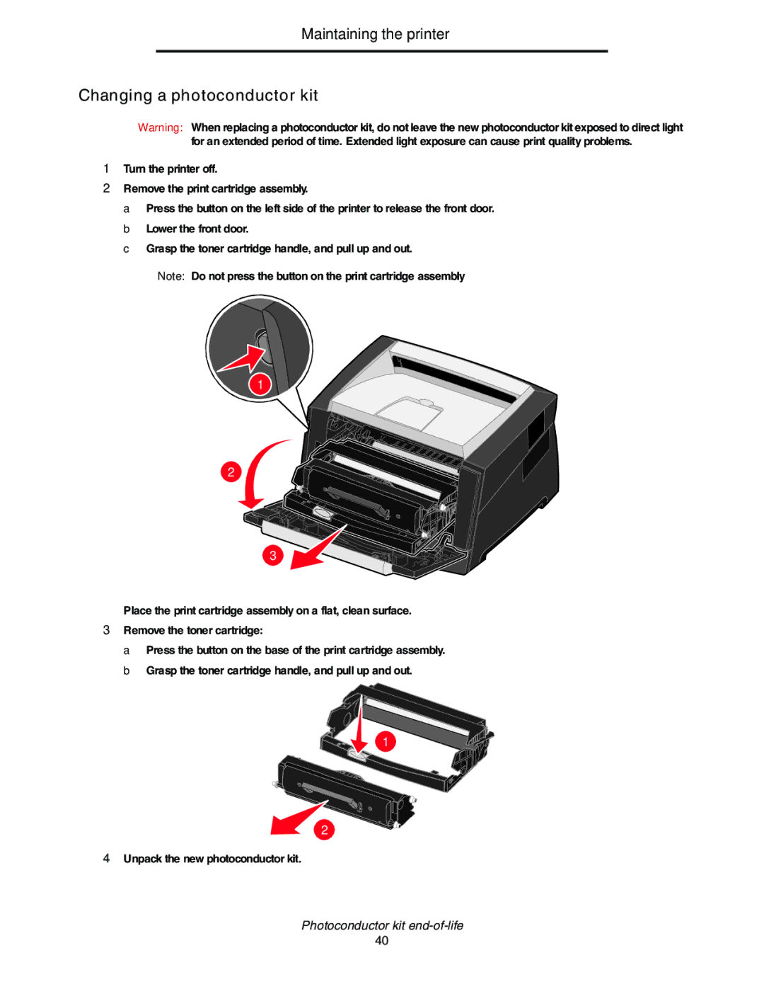 Lexmark E352DN manual Changing a photoconductor kit 