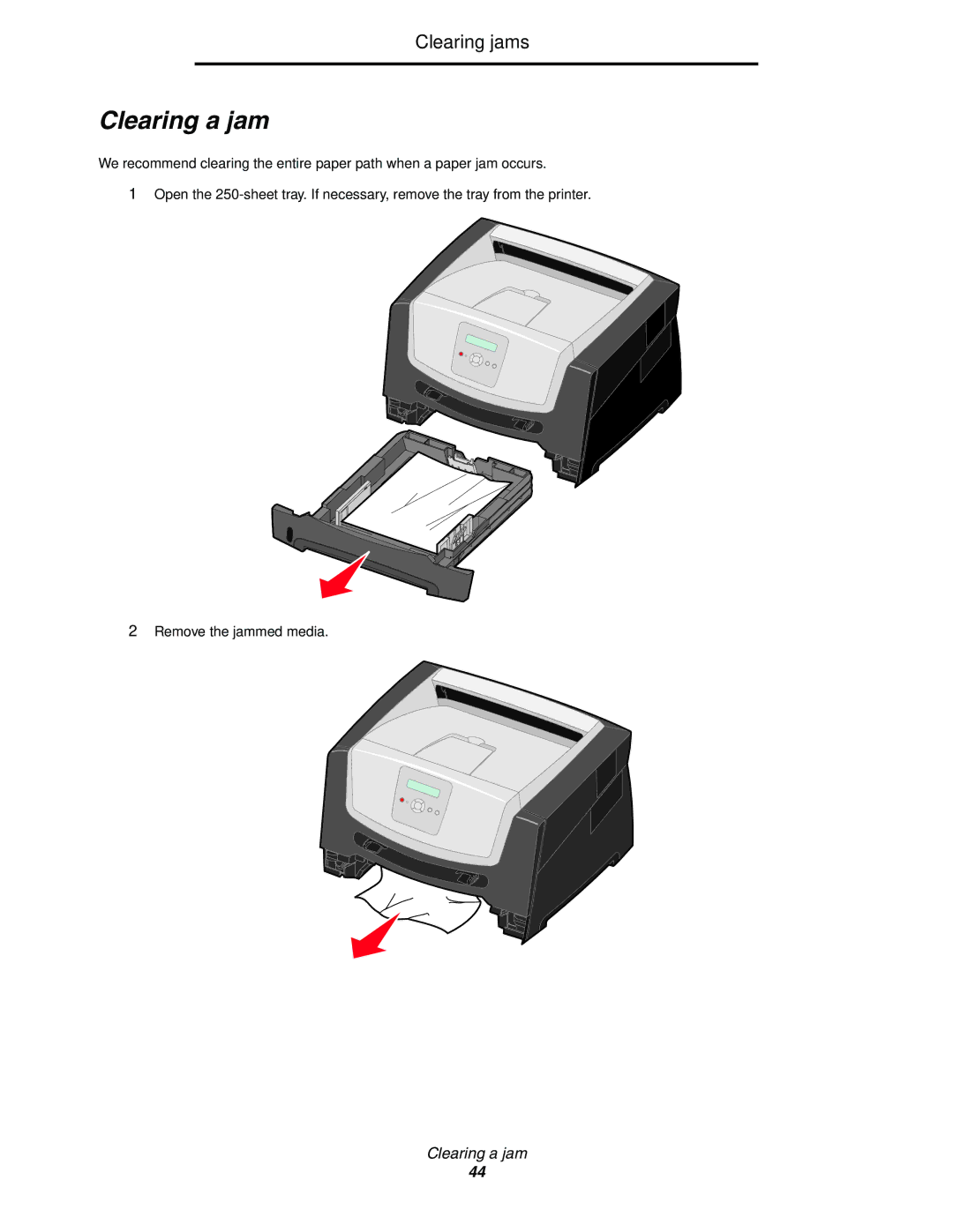 Lexmark E352DN manual Clearing a jam, Clearing jams 