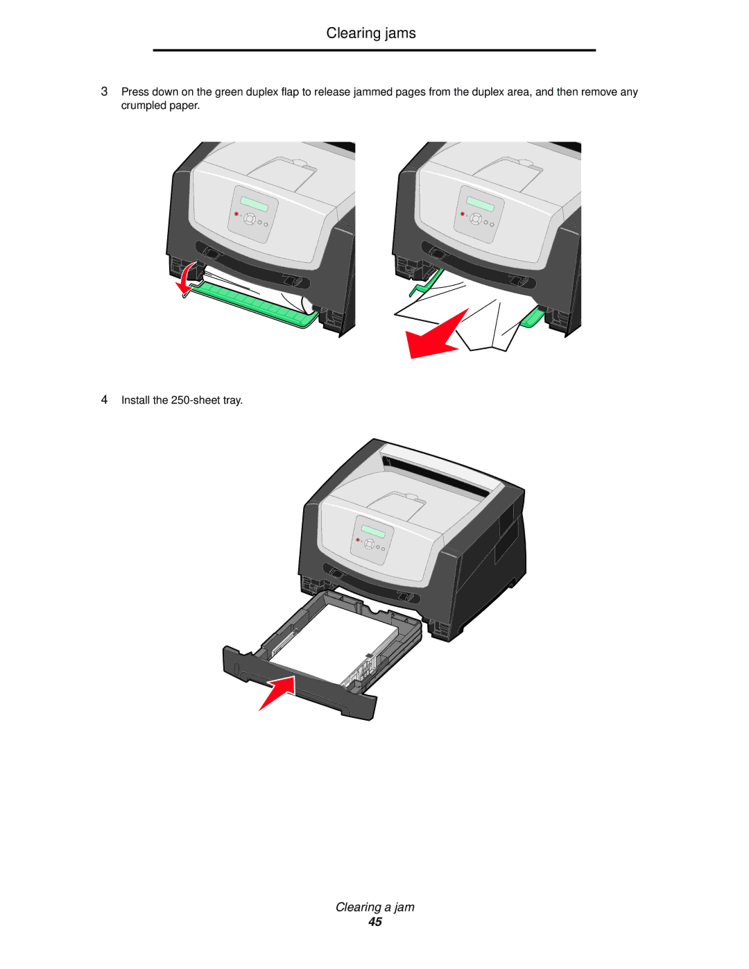 Lexmark E352DN manual Clearing jams 