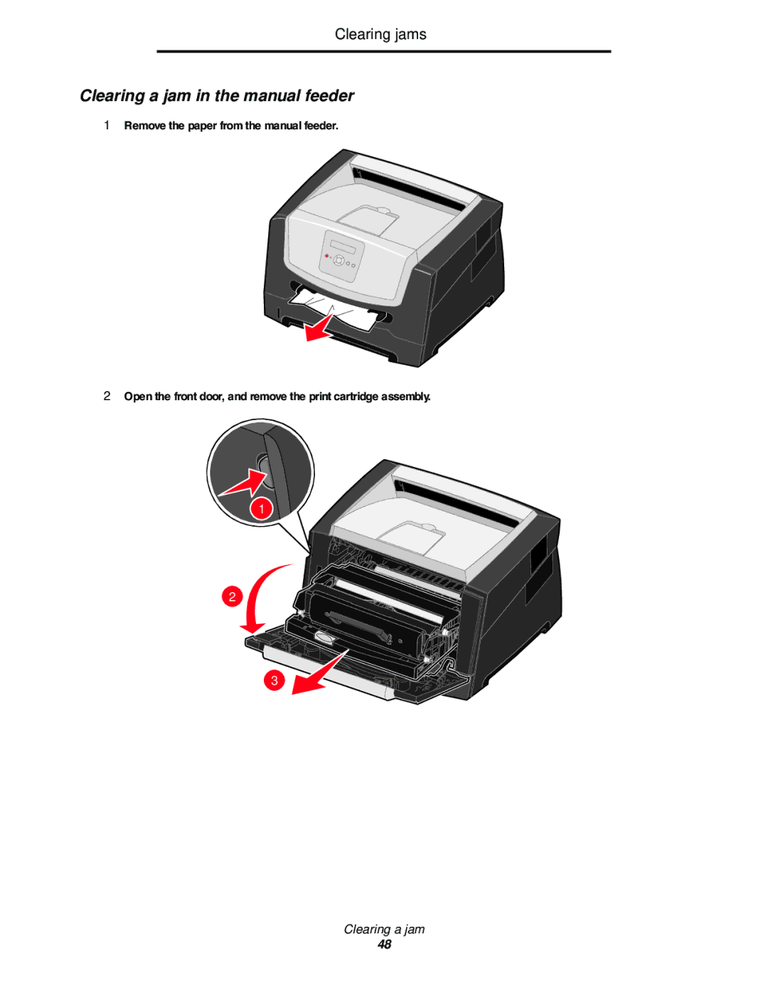 Lexmark E352DN Clearing a jam in the manual feeder 