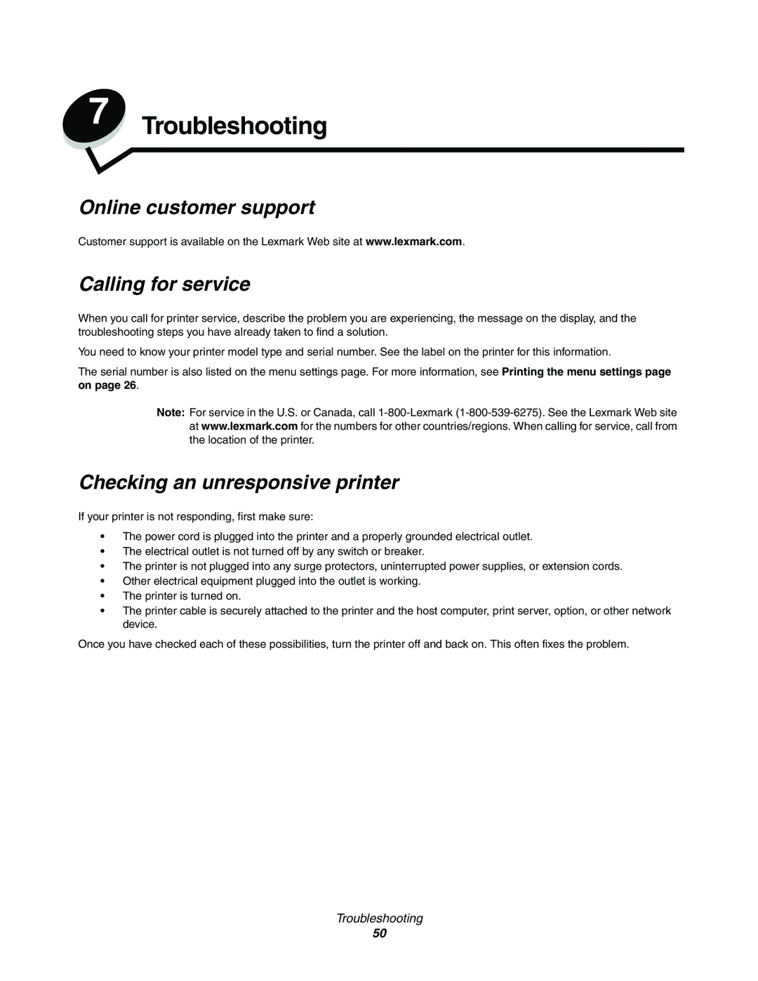 Lexmark E352DN manual Troubleshooting, Online customer support Calling for service, Checking an unresponsive printer 