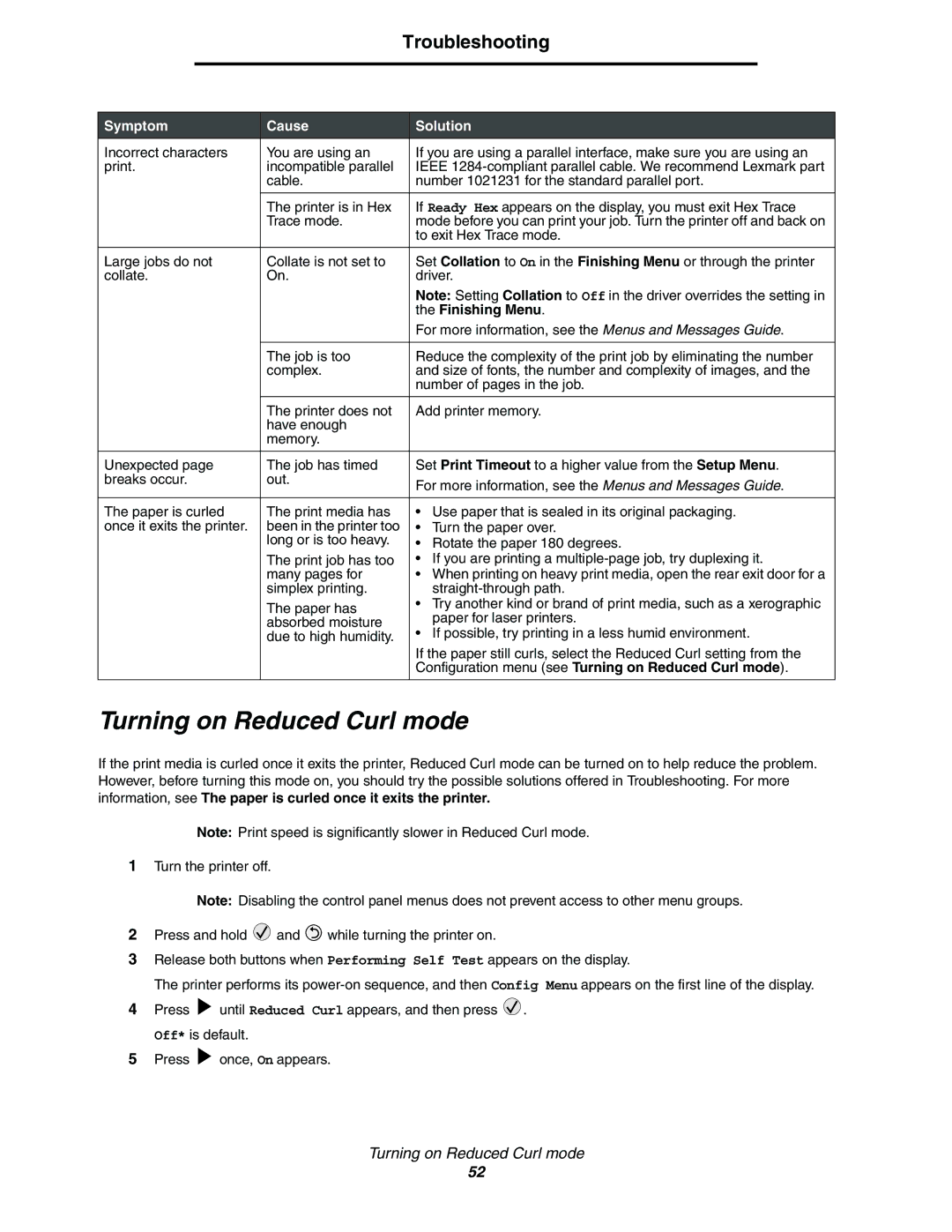 Lexmark E352DN manual Configuration menu see Turning on Reduced Curl mode 