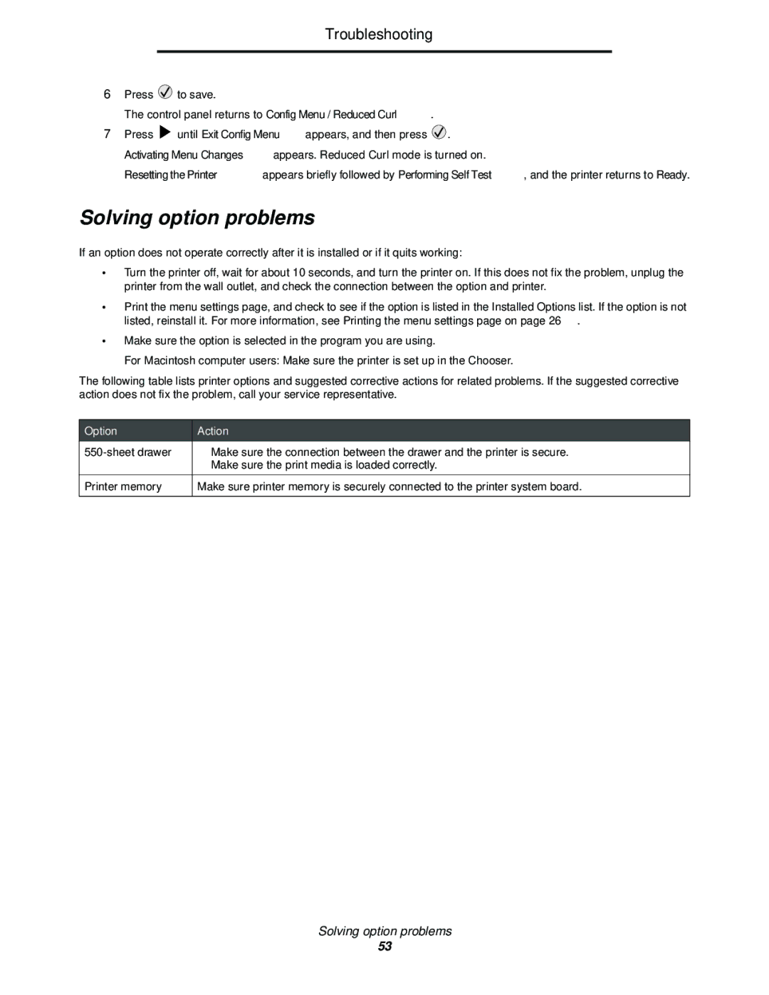 Lexmark E352DN manual Solving option problems, Option Action 