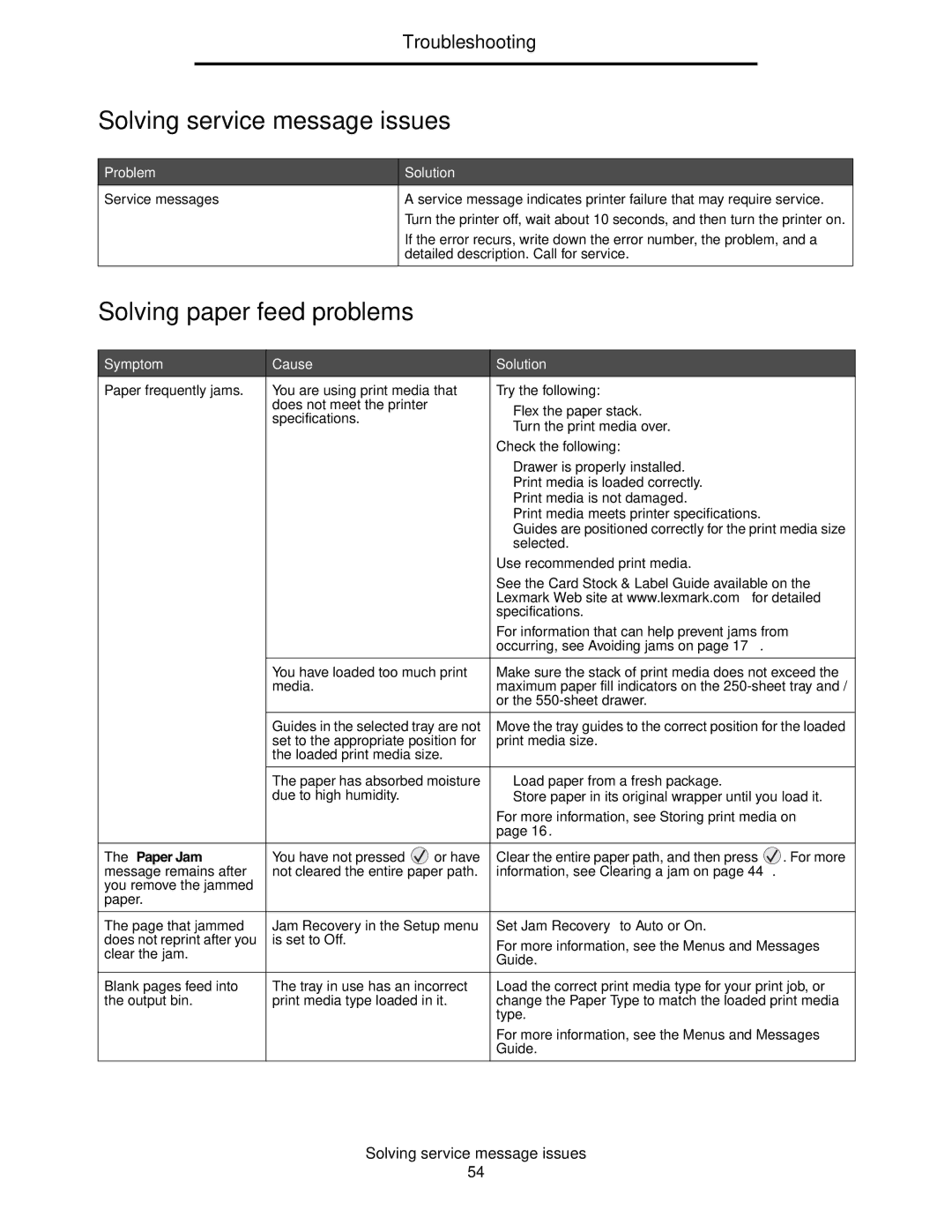 Lexmark E352DN manual Solving service message issues, Solving paper feed problems, Problem Solution 
