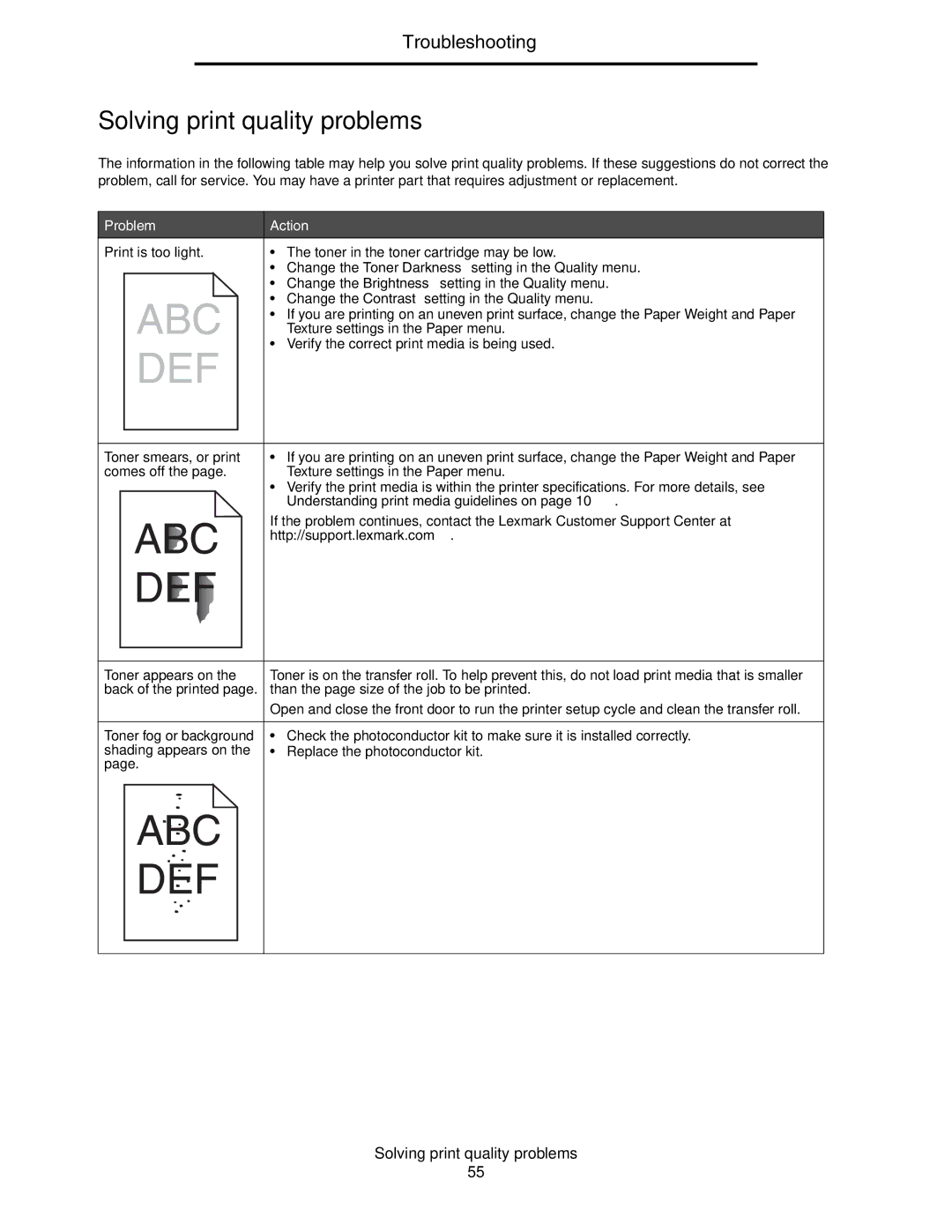 Lexmark E352DN manual Solving print quality problems, Problem Action, Understanding print media guidelines on 