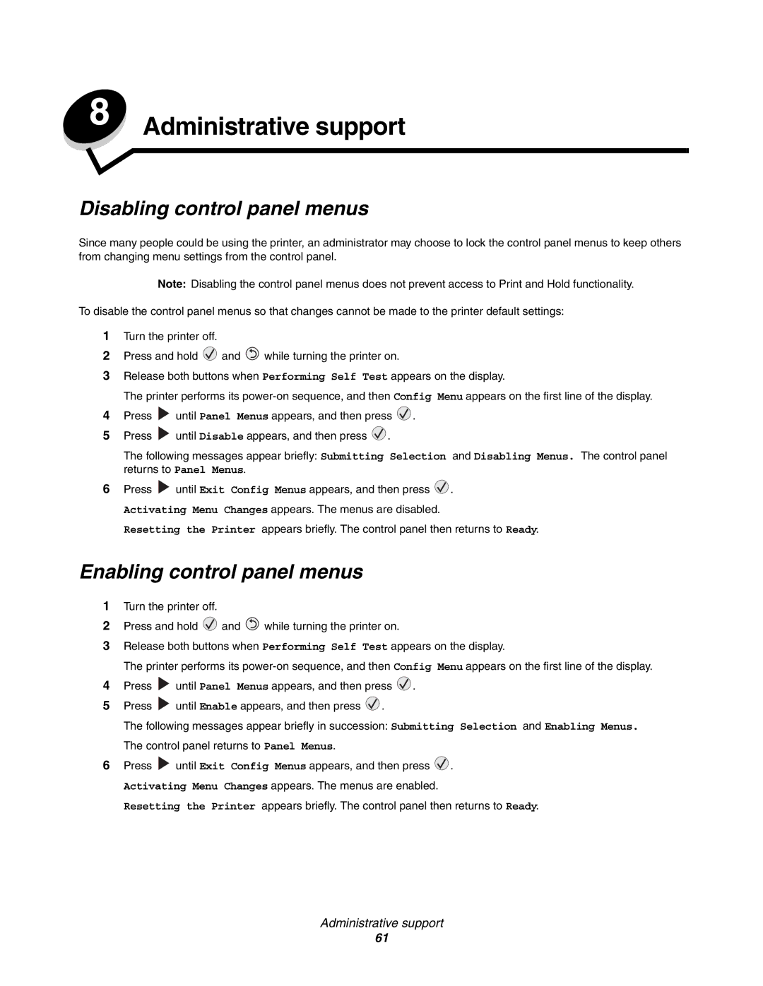 Lexmark E352DN manual Administrative support, Disabling control panel menus, Enabling control panel menus 