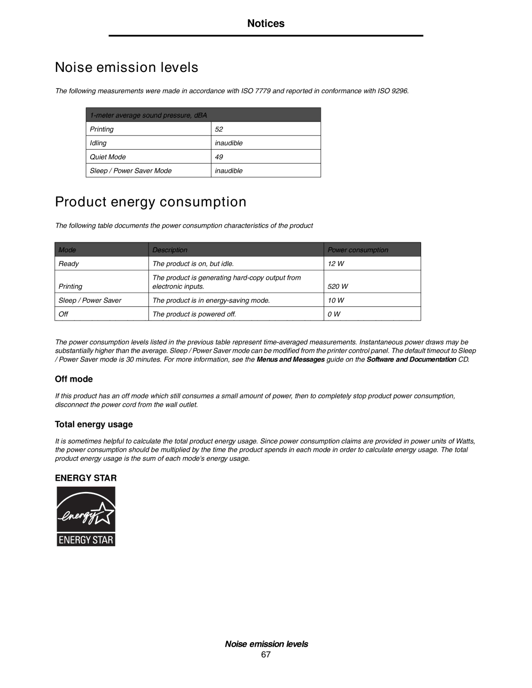 Lexmark E352DN manual Noise emission levels, Product energy consumption 