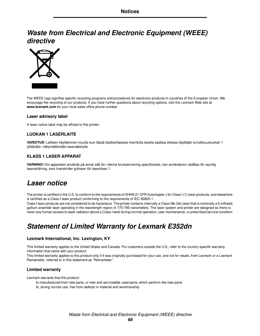 Lexmark E352DN manual Laser notice, Statement of Limited Warranty for Lexmark E352dn 