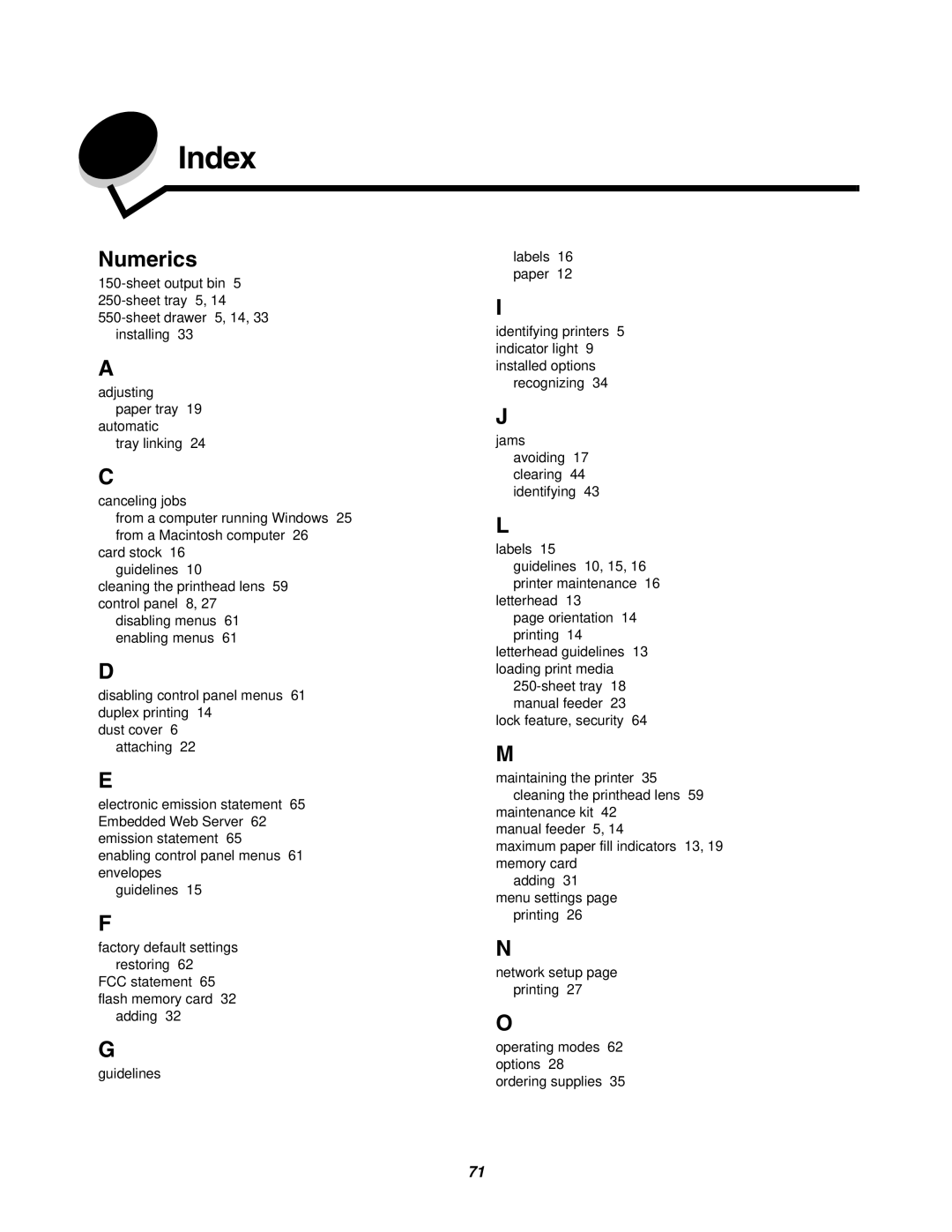 Lexmark E352DN manual Index, Numerics 