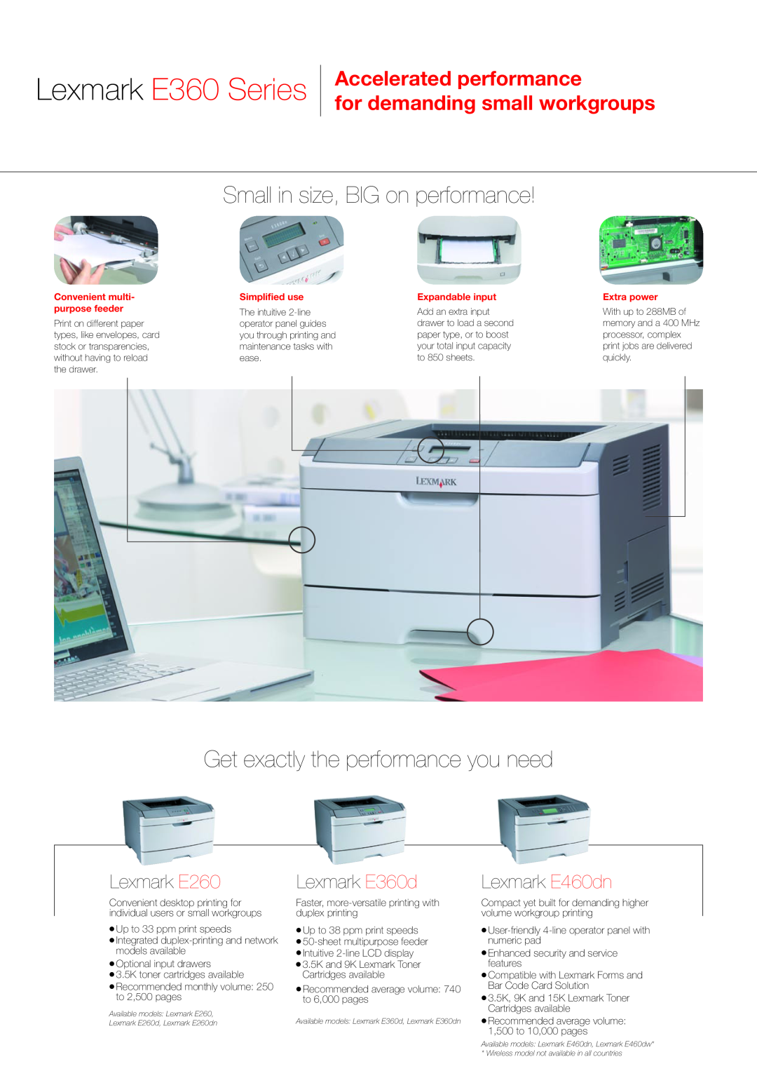 Lexmark Small in size, BIG on performance, Get exactly the performance you need, Lexmark E360 Series, Lexmark E260 