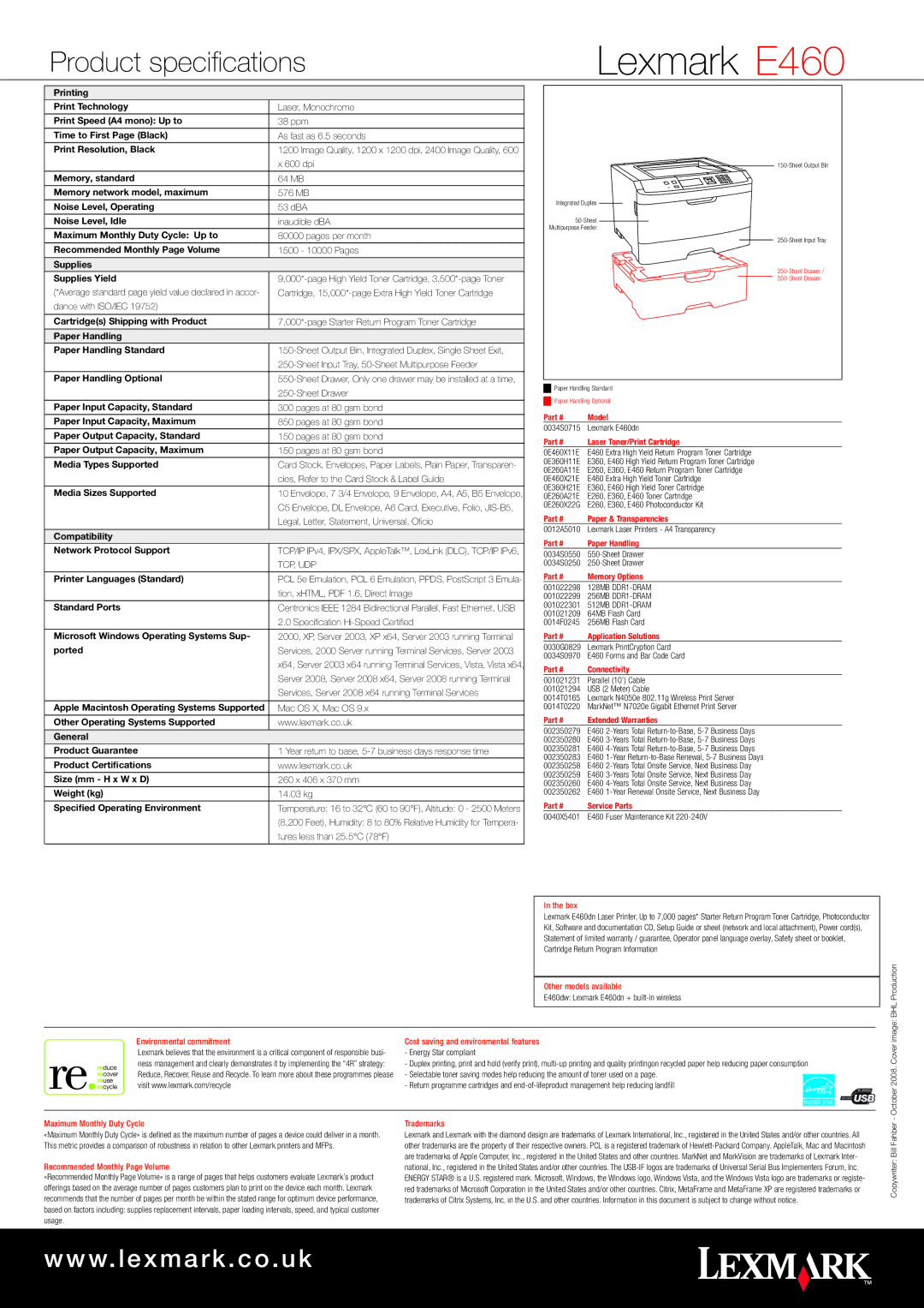 Lexmark E460DN manual Product specifications, Supplies Supplies Yield 