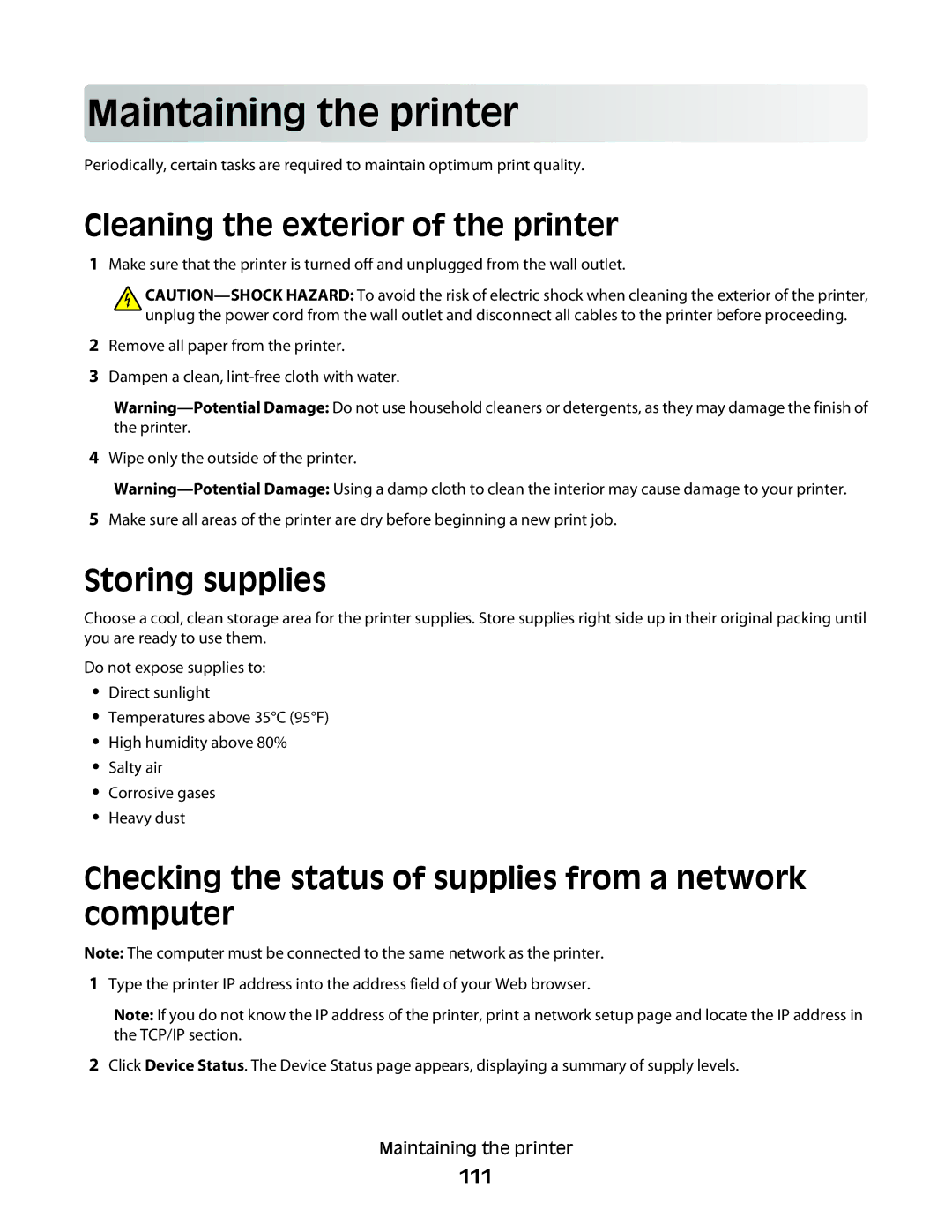 Lexmark E462dtn, E460dw manual Main taining th e prin t er, Cleaning the exterior of the printer, Storing supplies, 111 