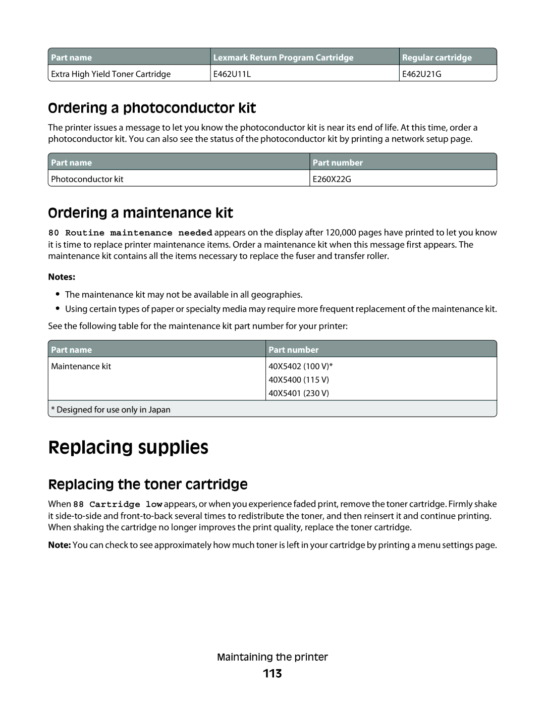 Lexmark E462dtn, E460dw manual Replacing supplies, Ordering a photoconductor kit, Ordering a maintenance kit, 113 