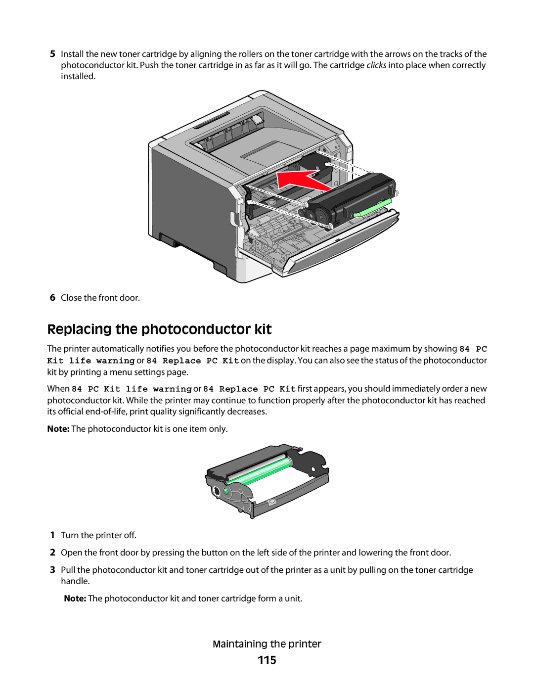 Lexmark E462dtn, E460dw manual Replacing the photoconductor kit, 115 