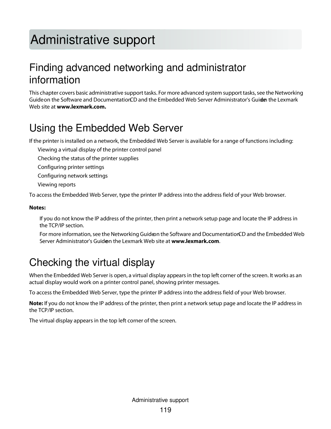 Lexmark E462dtn, E460dw manual Adm inistra tiv e support, Checking the virtual display, 119 