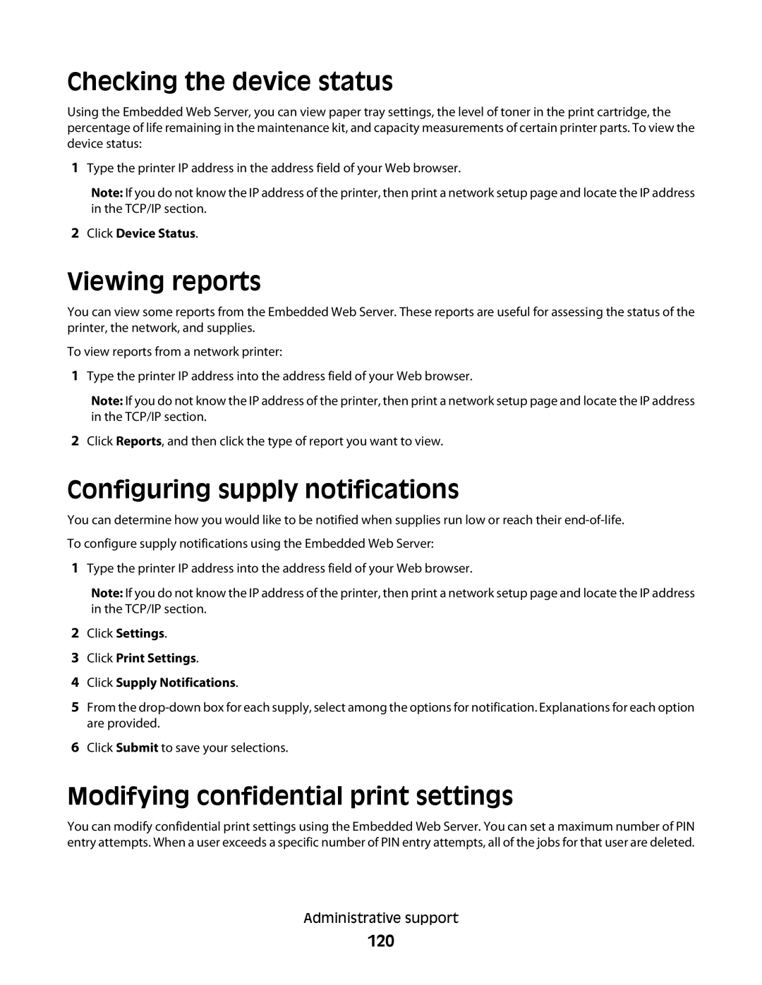 Lexmark E460dw, E462dtn manual Checking the device status, Viewing reports, Configuring supply notifications, 120 