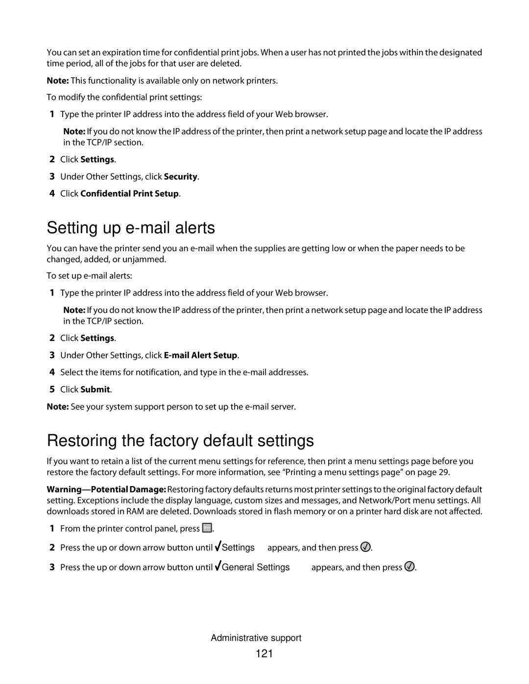 Lexmark E462dtn, E460dw manual Setting up e-mail alerts, Restoring the factory default settings, 121 