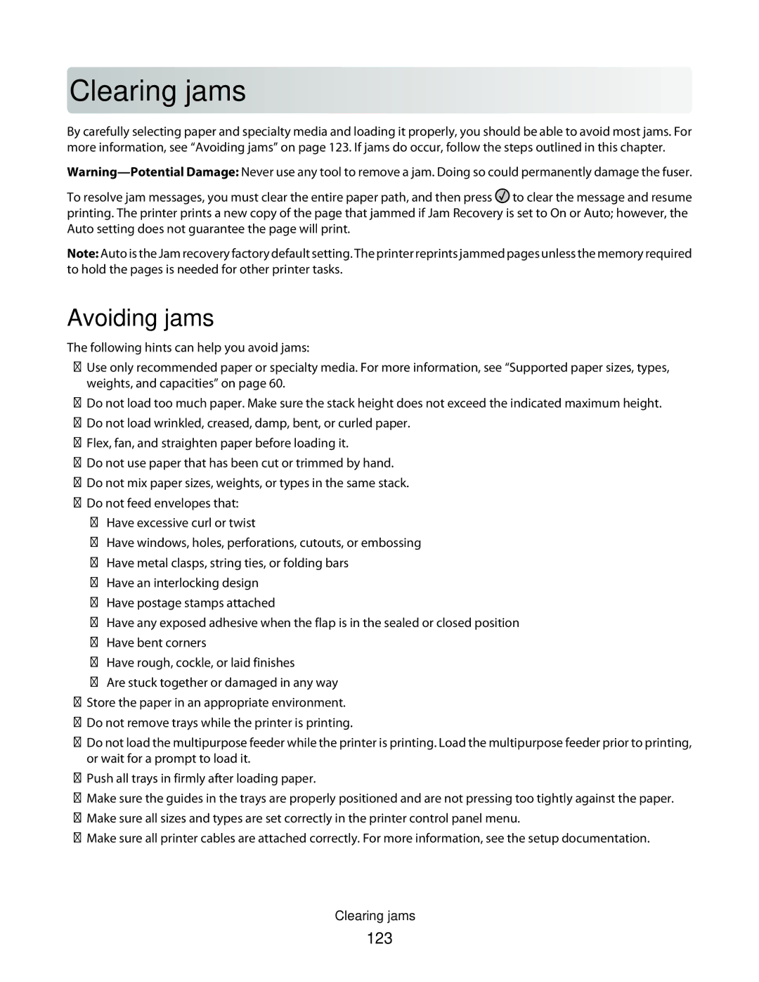 Lexmark E462dtn, E460dw manual Clearing jams, Avoiding jams, 123 