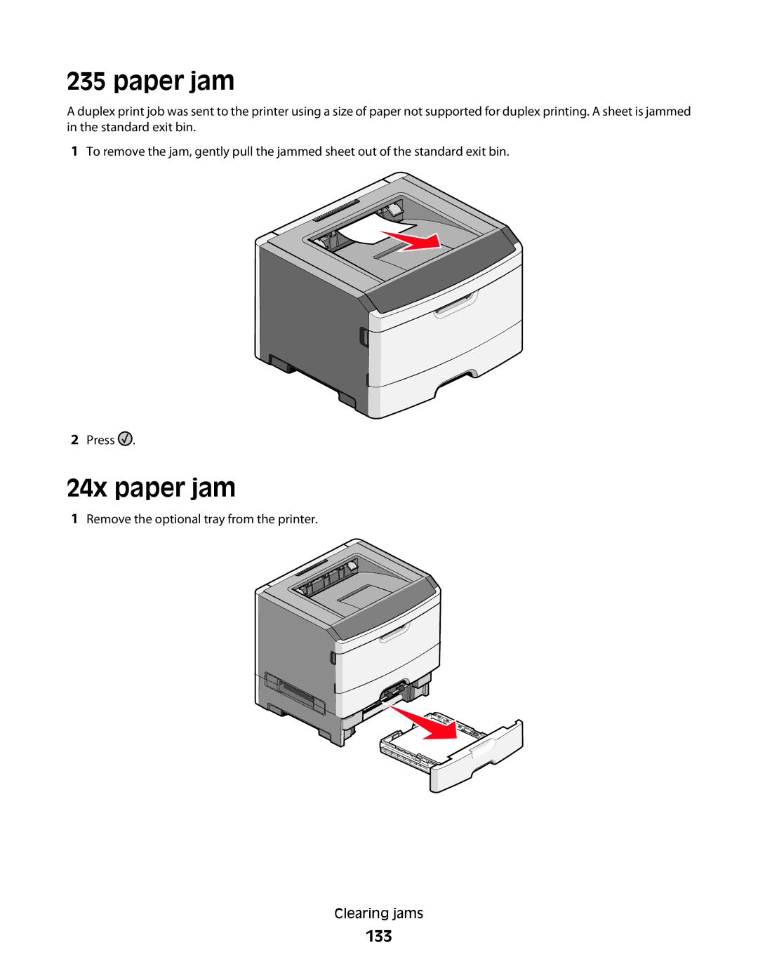 Lexmark E462dtn, E460dw manual 24x paper jam, 133 