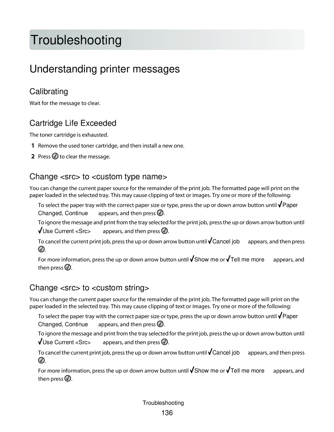 Lexmark E460dw, E462dtn manual Troublesho oting, Understanding printer messages 