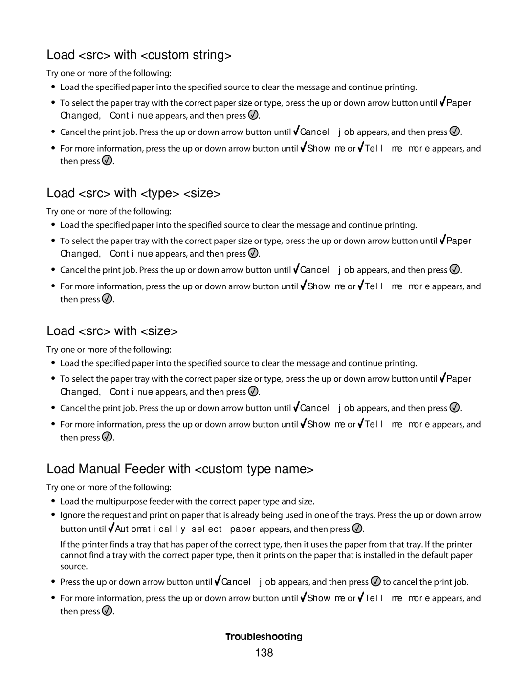 Lexmark E460dw, E462dtn manual Load src with custom string, Load src with type size, Load src with size, 138 