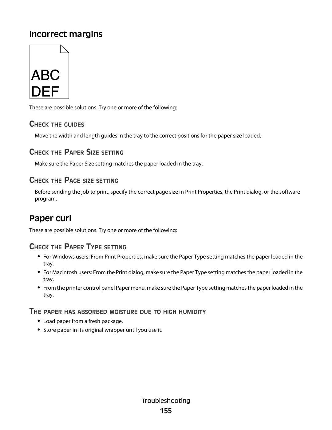 Lexmark E462dtn, E460dw manual Incorrect margins, Paper curl, 155 