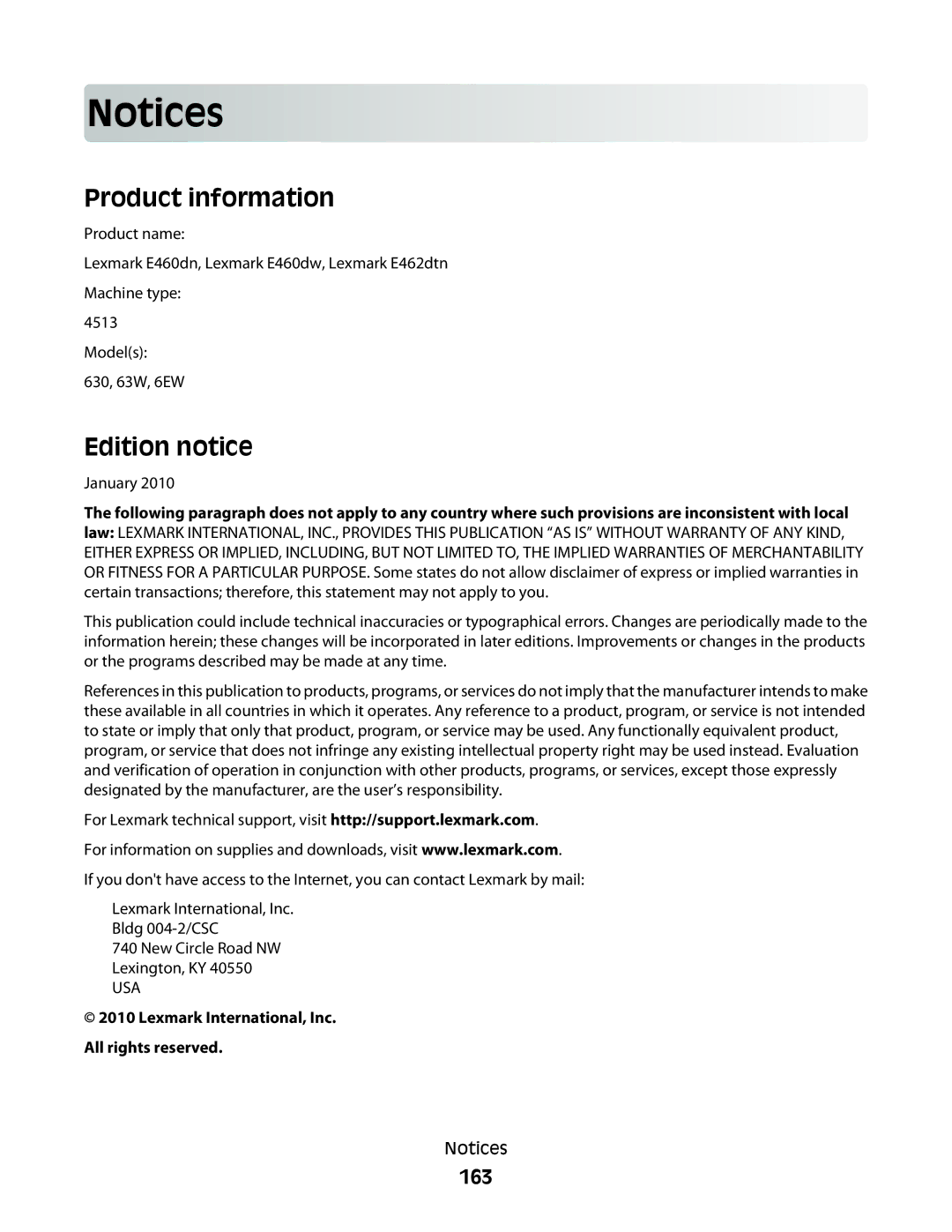 Lexmark E462dtn, E460dw manual Product information, Edition notice, 163 