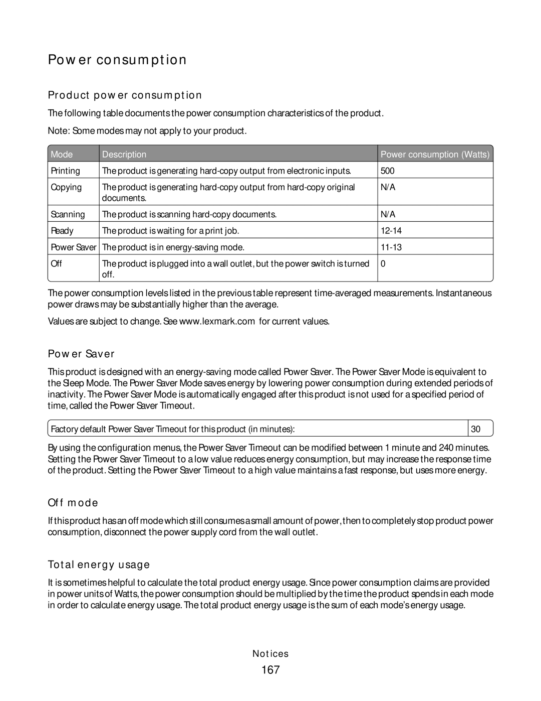 Lexmark E462dtn, E460dw manual Power consumption, 167 