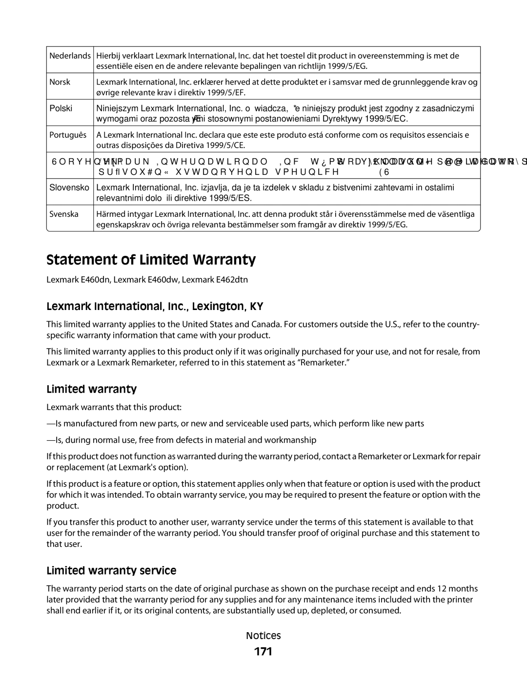 Lexmark E462dtn, E460dw manual Statement of Limited Warranty, 171 