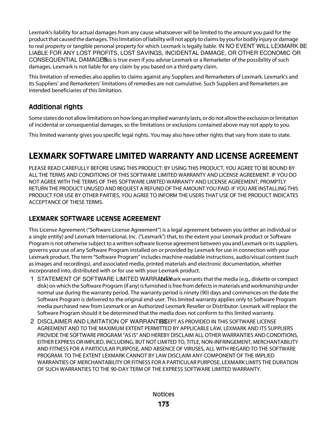 Lexmark E462dtn, E460dw manual 173, Additional rights 