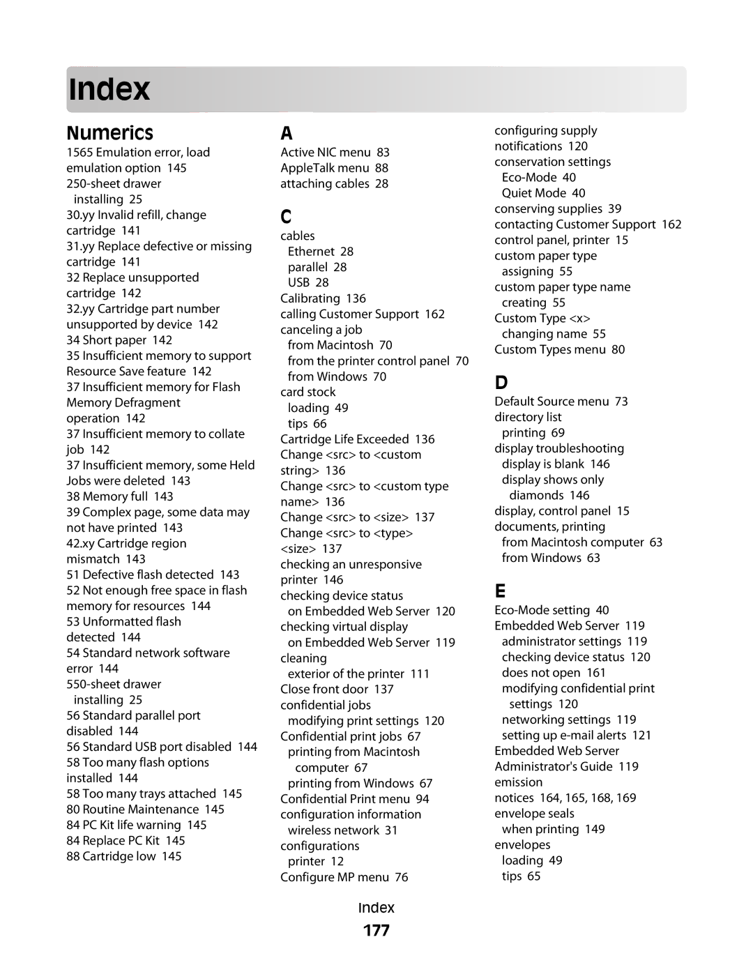Lexmark E462dtn, E460dw manual Index, Numerics, 177 