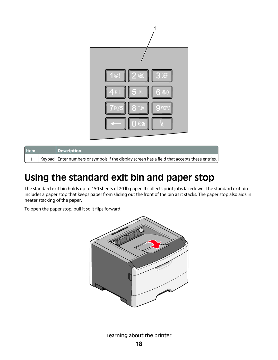 Lexmark E460dw, E462dtn manual Using the standard exit bin and paper stop 