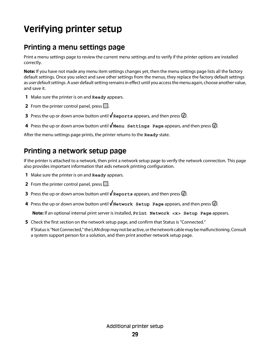 Lexmark E462dtn, E460dw manual Verifying printer setup, Printing a menu settings, Printing a network setup 