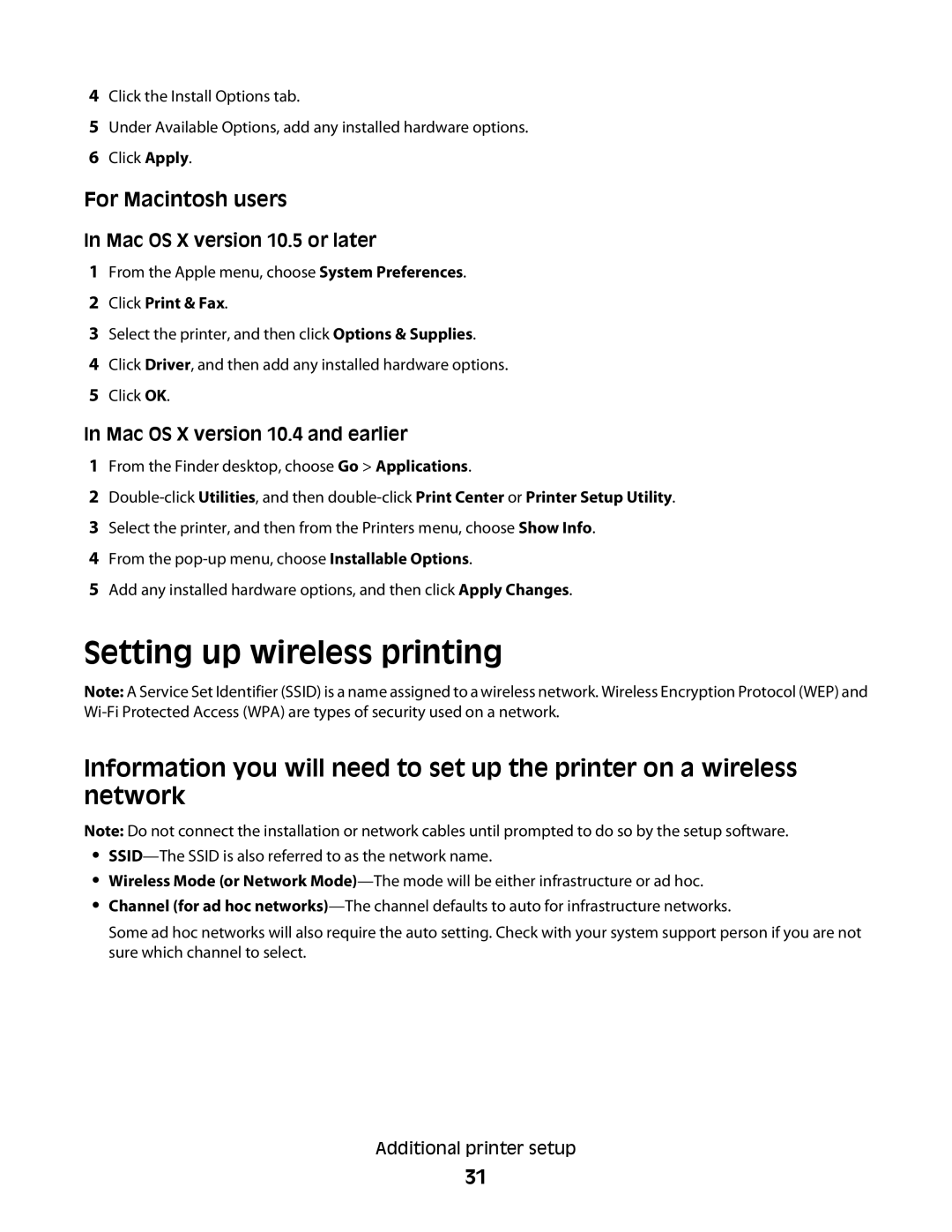 Lexmark E462dtn, E460dw manual Setting up wireless printing, Mac OS X version 10.5 or later 