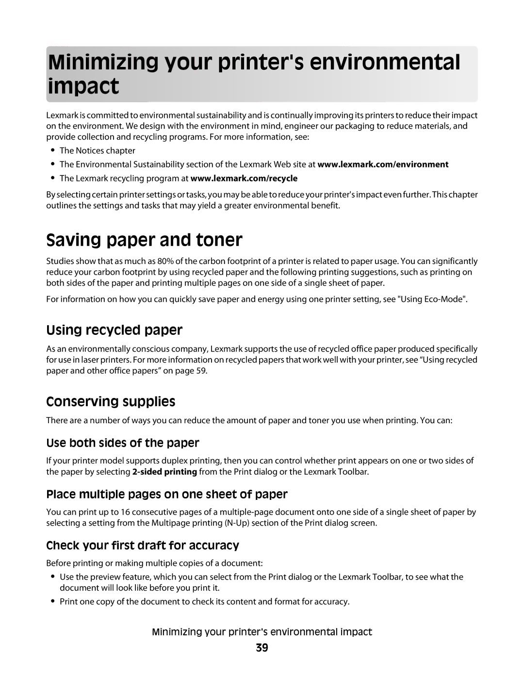 Lexmark E462dtn, E460dw manual Minimizing your printers environmental impact, Saving paper and toner, Using recycled paper 