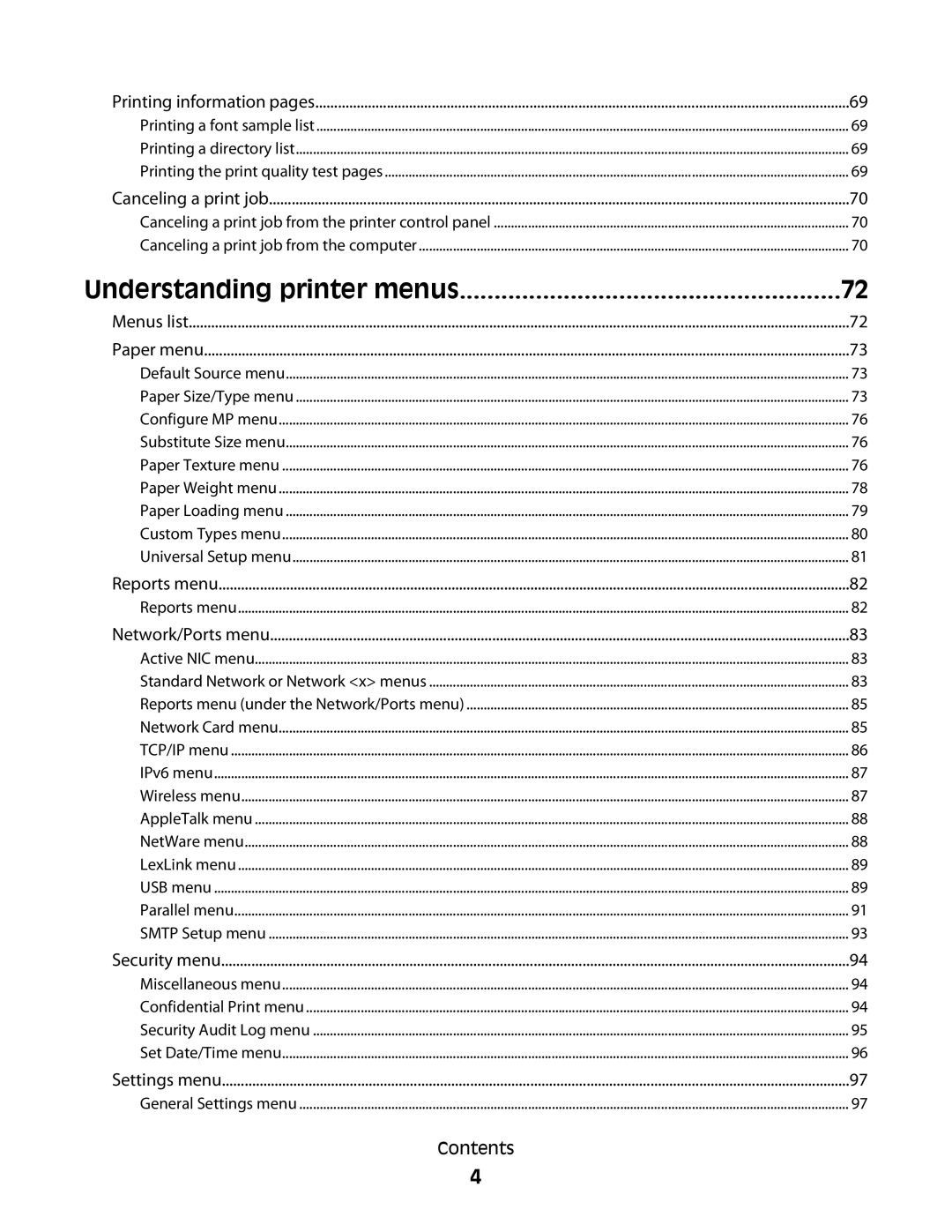 Lexmark E460dw, E462dtn manual Understanding printer menus 