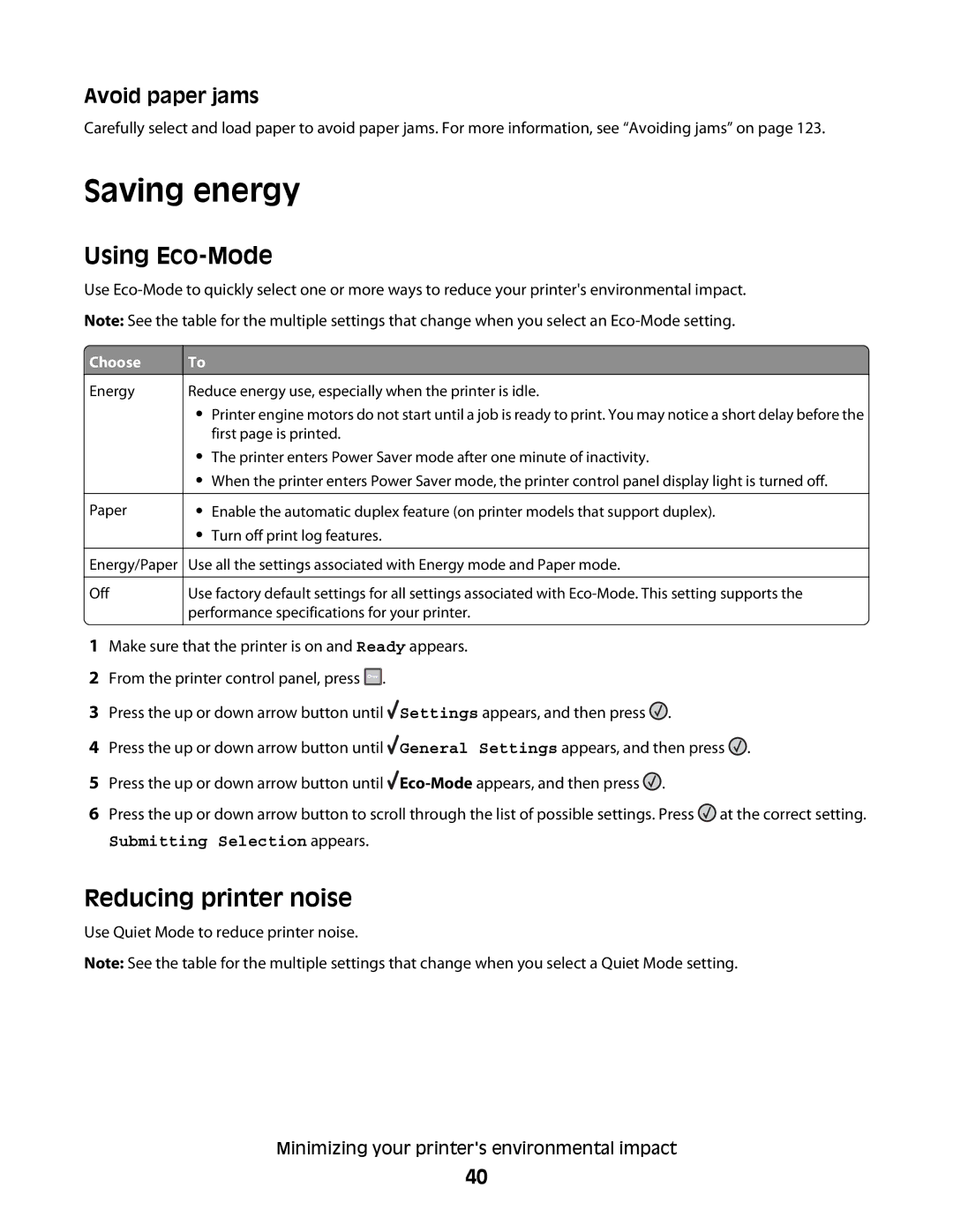 Lexmark E460dw, E462dtn manual Saving energy, Using Eco-Mode, Reducing printer noise, Avoid paper jams 