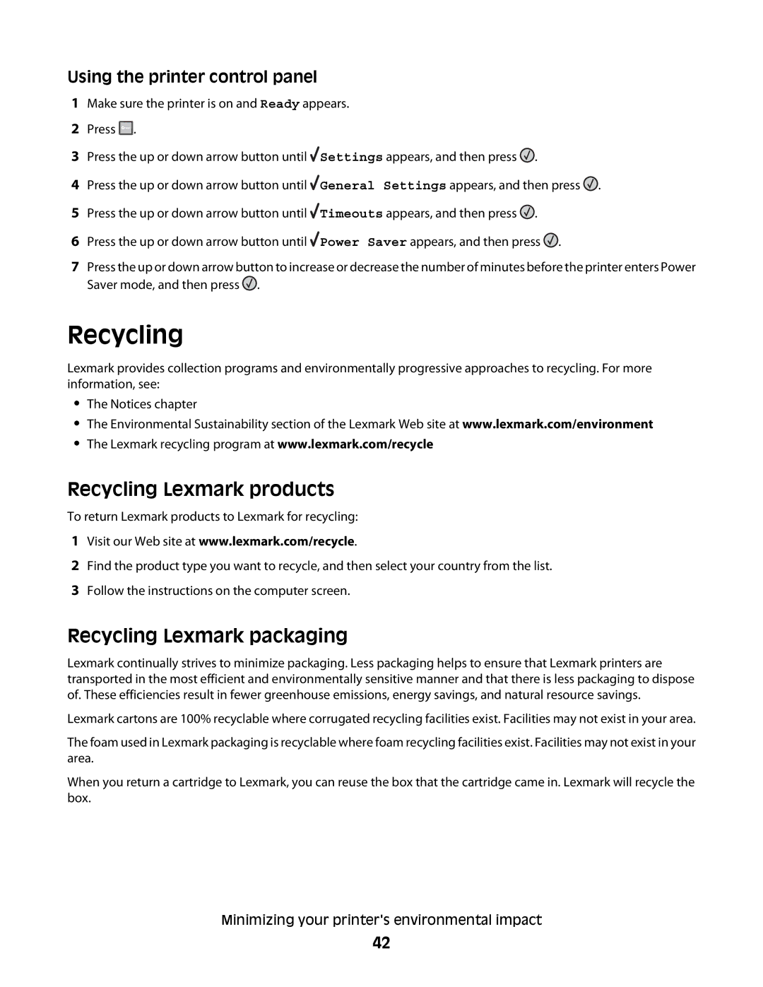 Lexmark E460dw, E462dtn manual Recycling Lexmark products, Recycling Lexmark packaging, Using the printer control panel 