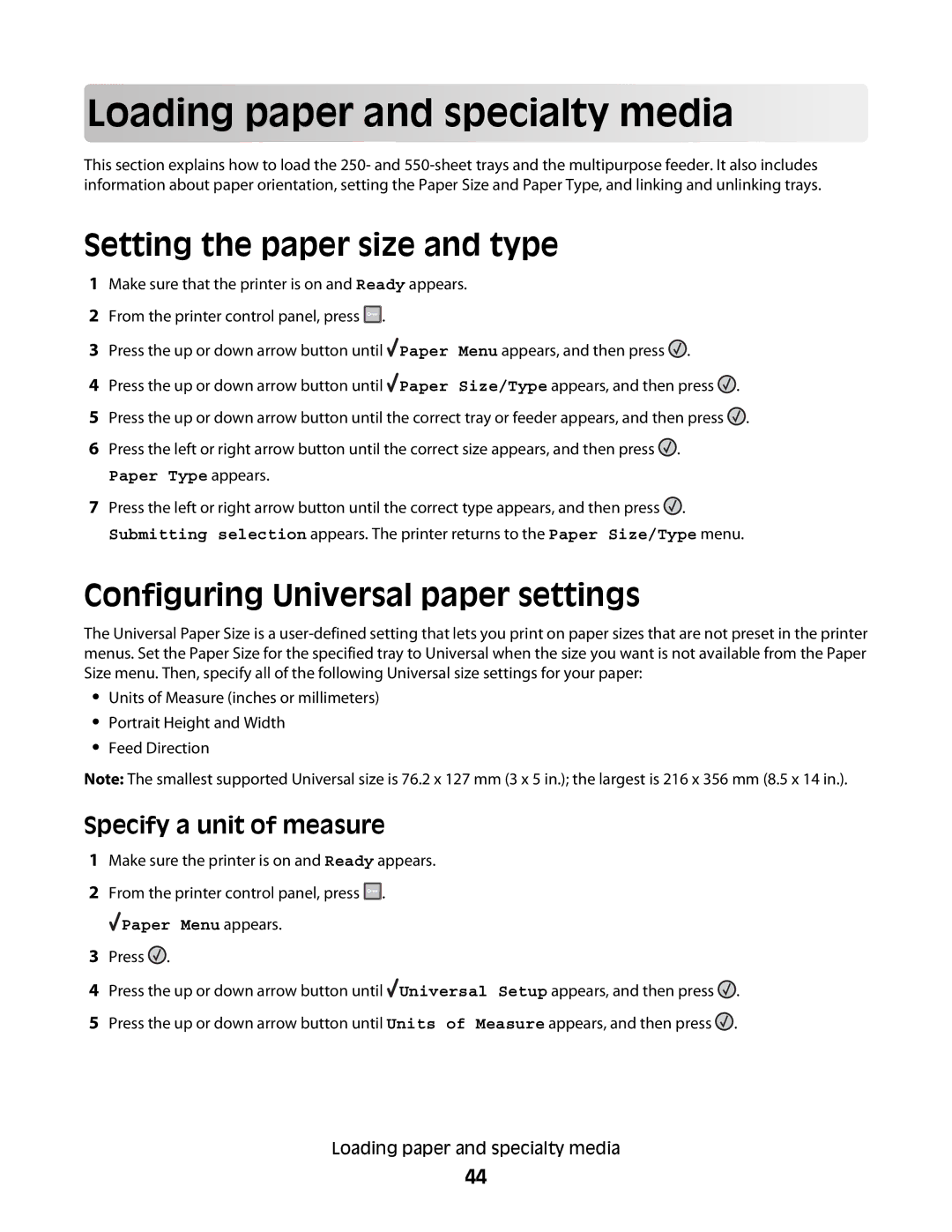 Lexmark E460dw manual Load in g pape r a nd s p ecialty media, Setting the paper size and type, Specify a unit of measure 