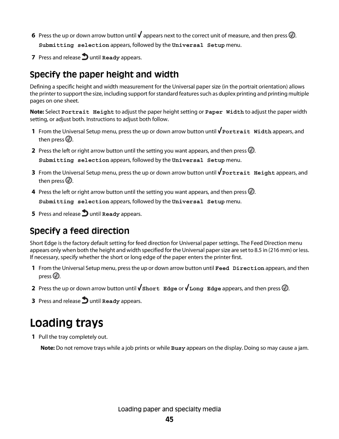 Lexmark E462dtn, E460dw manual Loading trays, Specify the paper height and width, Specify a feed direction 