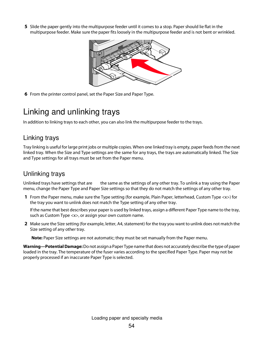 Lexmark E460dw, E462dtn manual Linking and unlinking trays, Linking trays, Unlinking trays 