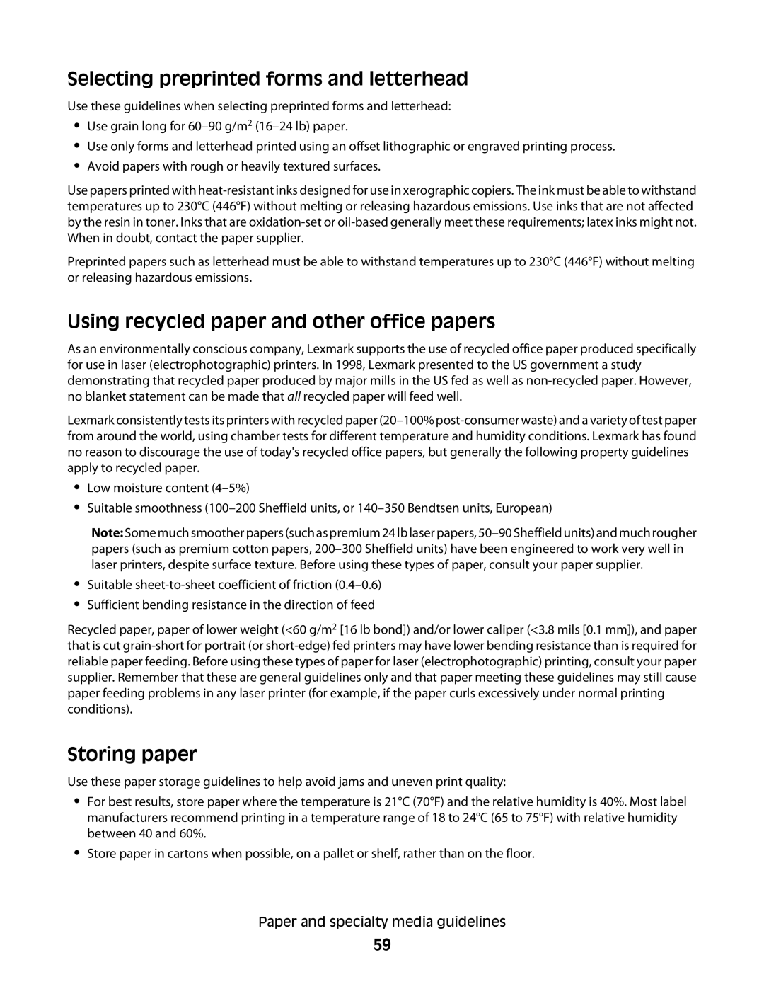 Lexmark E462dtn Selecting preprinted forms and letterhead, Using recycled paper and other office papers, Storing paper 