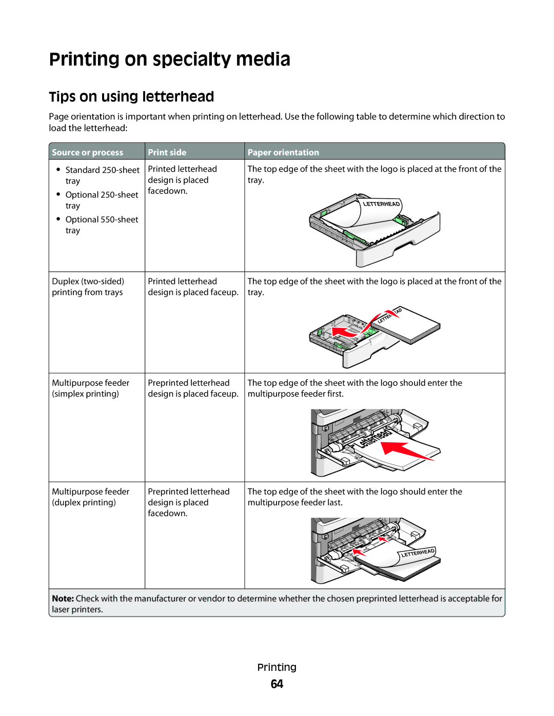 Lexmark E460dw, E462dtn manual Printing on specialty media, Tips on using letterhead 