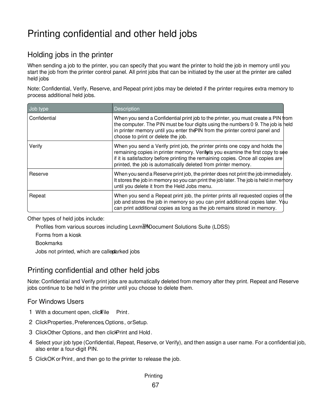 Lexmark E462dtn, E460dw manual Printing confidential and other held jobs, Holding jobs in the printer 