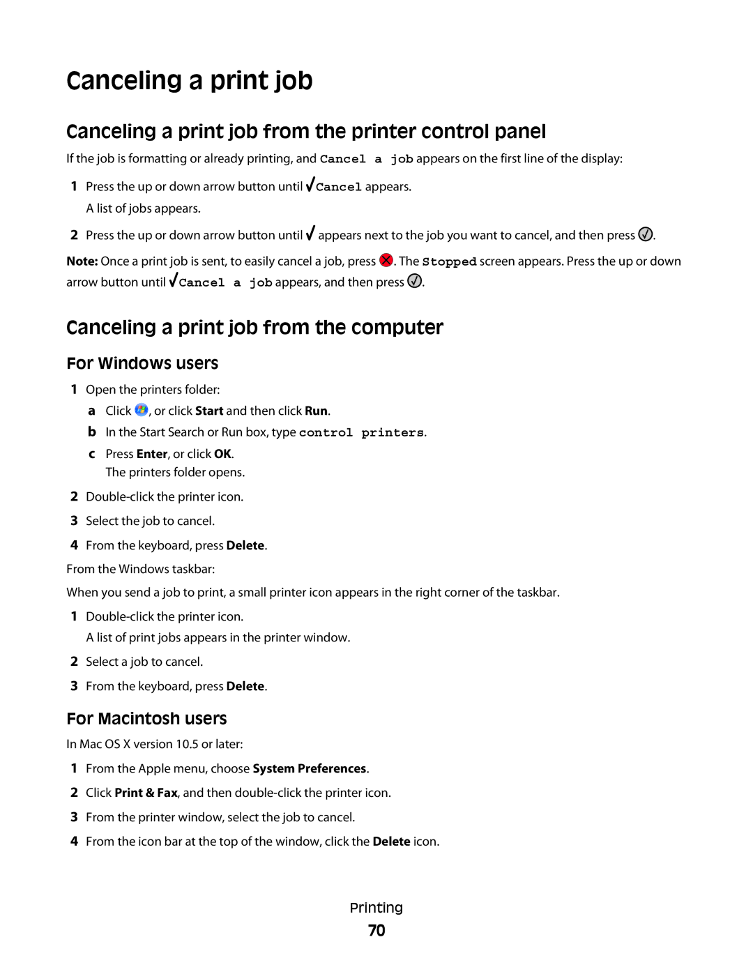 Lexmark E460dw, E462dtn Canceling a print job from the printer control panel, Canceling a print job from the computer 