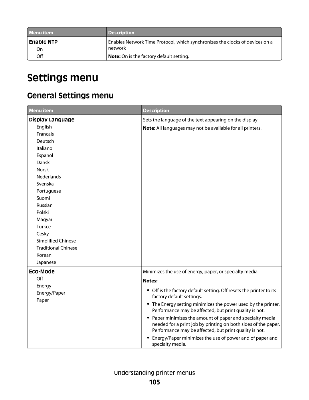 Lexmark E460dw manual General Settings menu, 105 